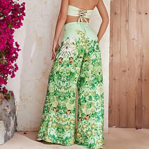 Multicolor Boho Womens Floral Print Tube Top & Wide Leg Pants - Picture 2 of 5